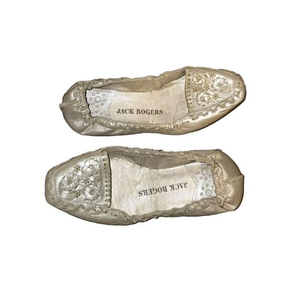 JACK ROGERS SZ 6M METALLIC CHAMPAGNE LEATHER BALLET FLATS FLORAL SHOES - Picture 1 of 7